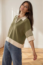 Contrast Trim Collared Short Sleeve Sweater