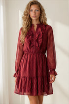 Ruffle Front Long Sleeve Polka Dot Mini Dress