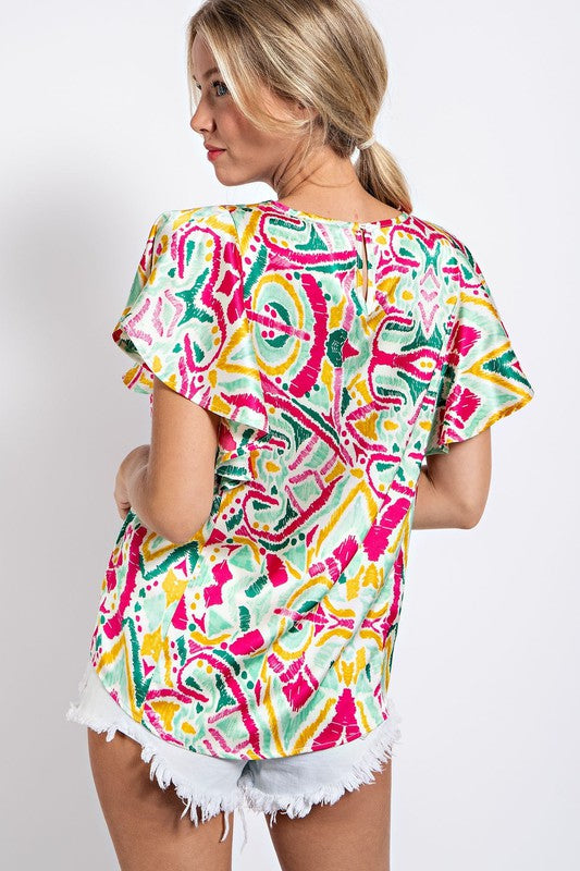 Bright Print Ruffle Top