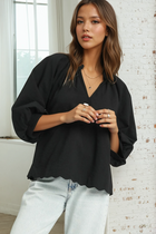 Split Neck Balloon Sleeve Top - Black