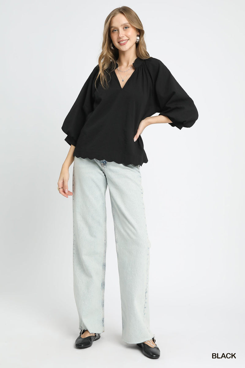 Split Neck Balloon Sleeve Top - Black
