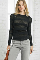 Lace Striped Long Sleeve Top - Black