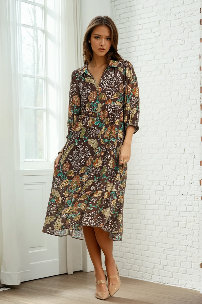 Brown Floral Midi Dress