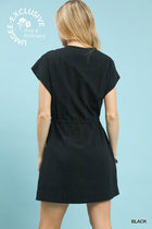 Floral Embroidery Mini Dress W Waist Tie - Black
