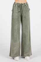 Mineral Wash French Terry Wide Leg Pants - Olive