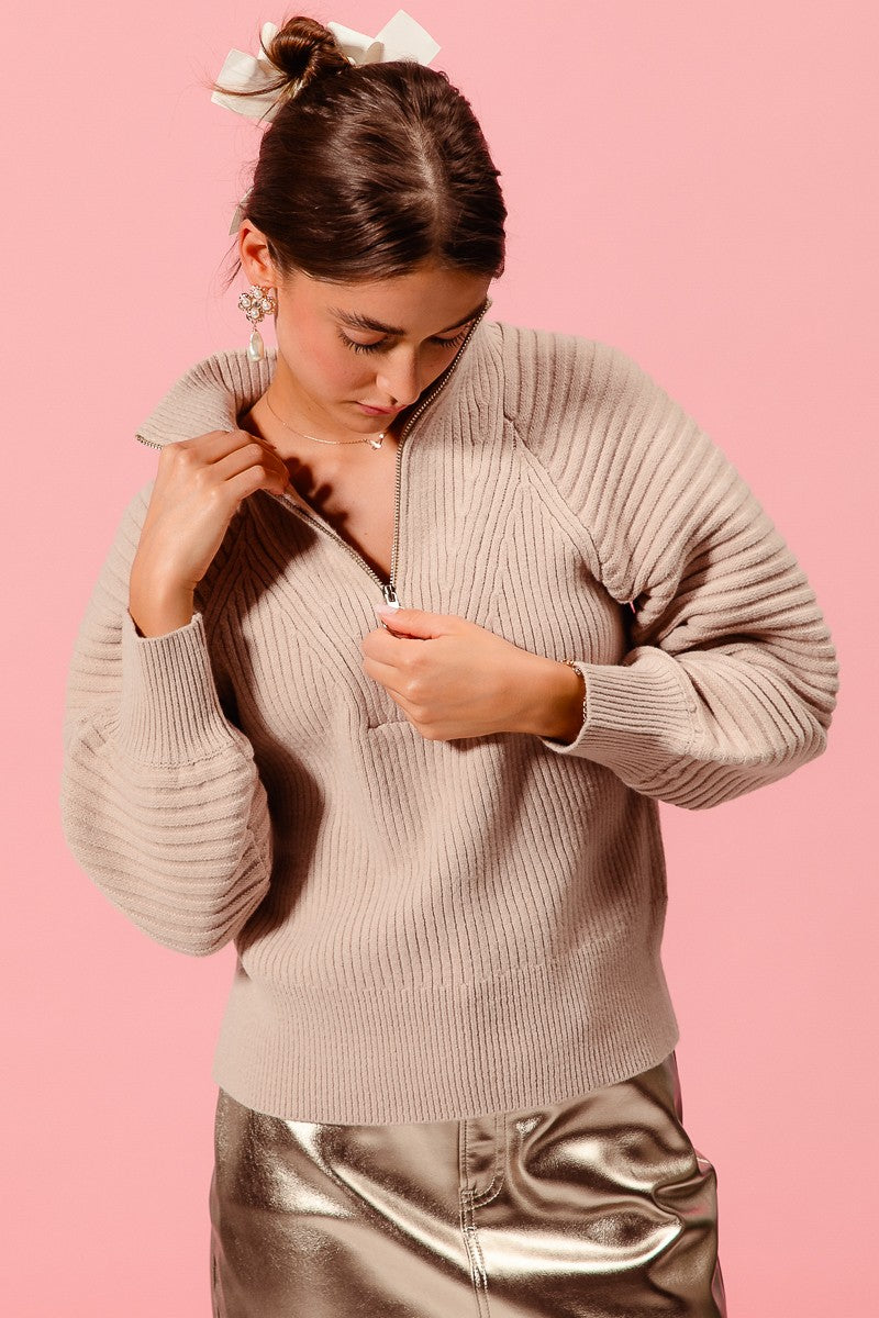 Half Zip Ribbed Sweater - Taupe