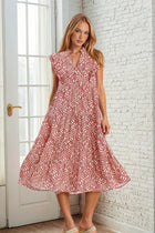 Leaf Print Tiered Midi Dress - Rose