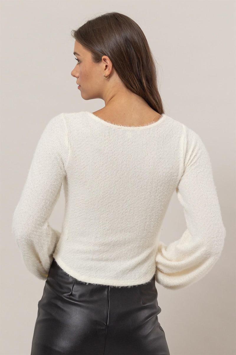 Scoop Neck Fuzzy Knit Top - Off White