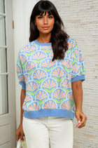 Floral Puff Sleeve French Terry Top - Blue