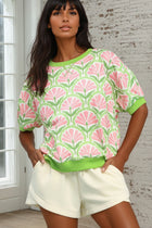 Floral Puff Sleeve French Terry Top - Green