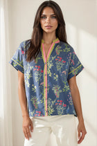 Floral Contrast Trim Button Front Blouse
