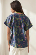 Floral Contrast Trim Button Front Blouse