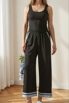 Contrast Trim Wide Leg Gauze Pants - Black