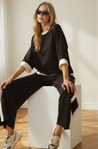 Luxe Knit Side Stripe Wide Leg Pants - Black