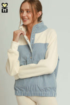 Striped Denim Contrast Button Front Pullover