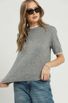 Scalloped Trim Puff Short Sleeve Sweater - Heather Grey