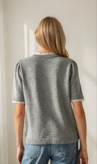 Scalloped Trim Puff Short Sleeve Sweater - Heather Grey
