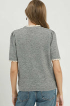 Scalloped Trim Puff Short Sleeve Sweater - Heather Grey