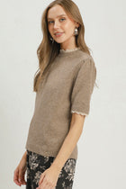 Scalloped Trim Puff Short Sleeve Sweater - Latte
