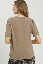 Scalloped Trim Puff Short Sleeve Sweater - Latte