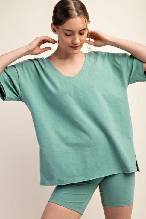 Oversized V-neck Tee-Sage