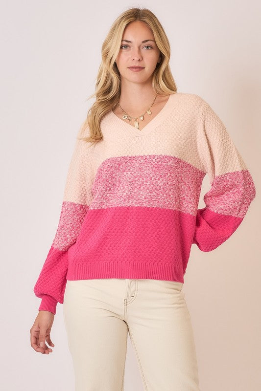 Waffle Colorblock Sweater - Pink