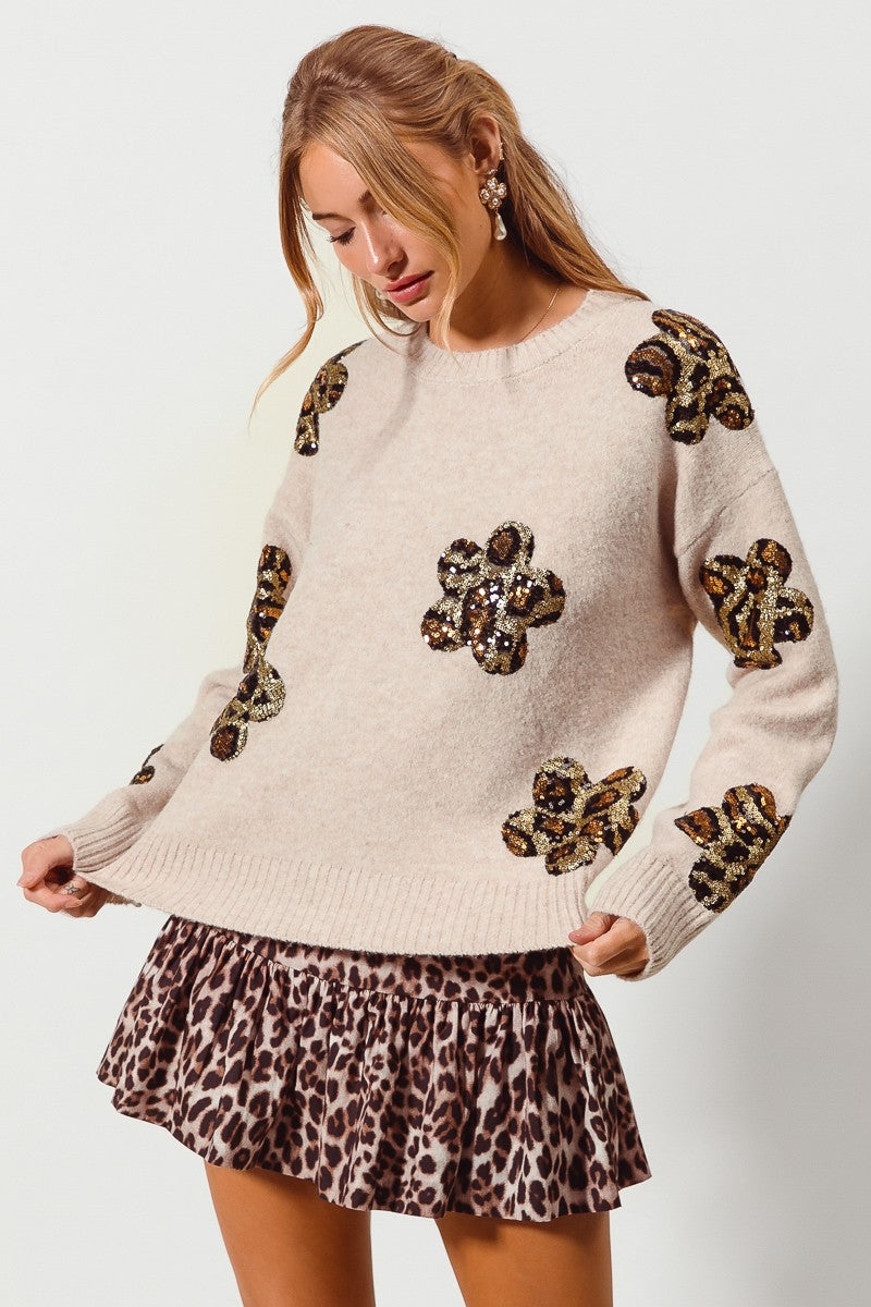 Leopard Sequin Flower Patch Sweater