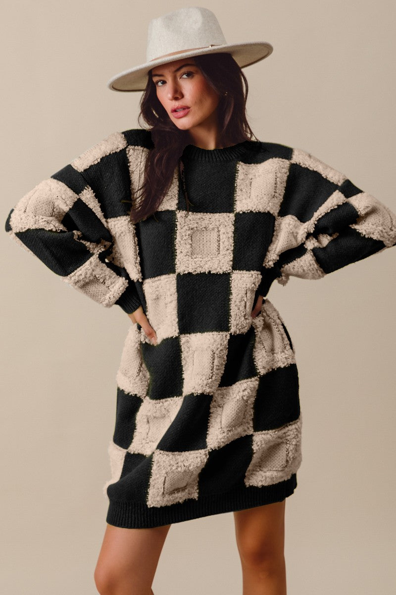 Fuzzy Checkered Sweater Dress