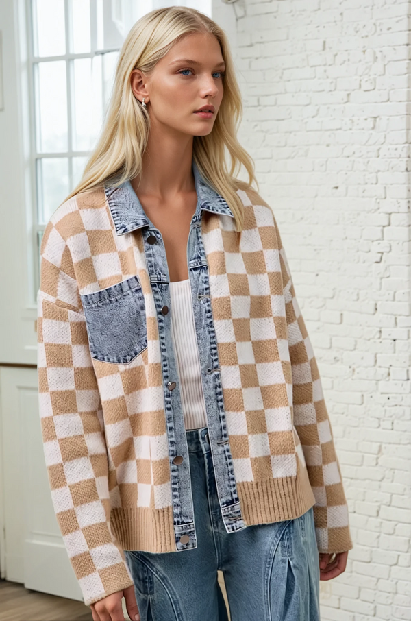 Denim Checker Mix Cardigan