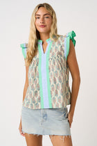 Contrast Stripe Floral Ruffle Sleeve Top