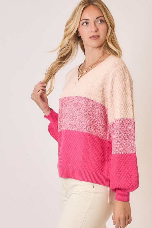 Waffle Colorblock Sweater - Pink