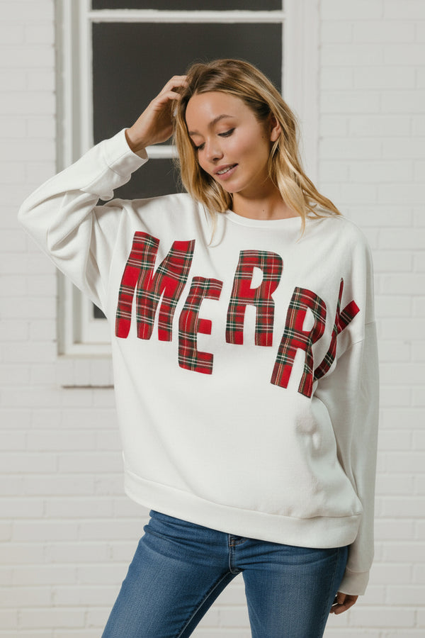 Plaid Merry Lettering Sweatshirt