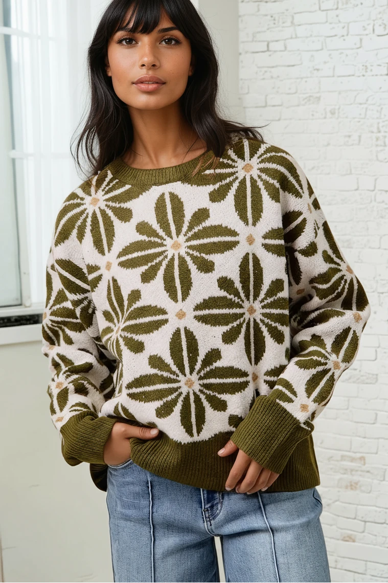 Floral Cutout Sweater - Olive