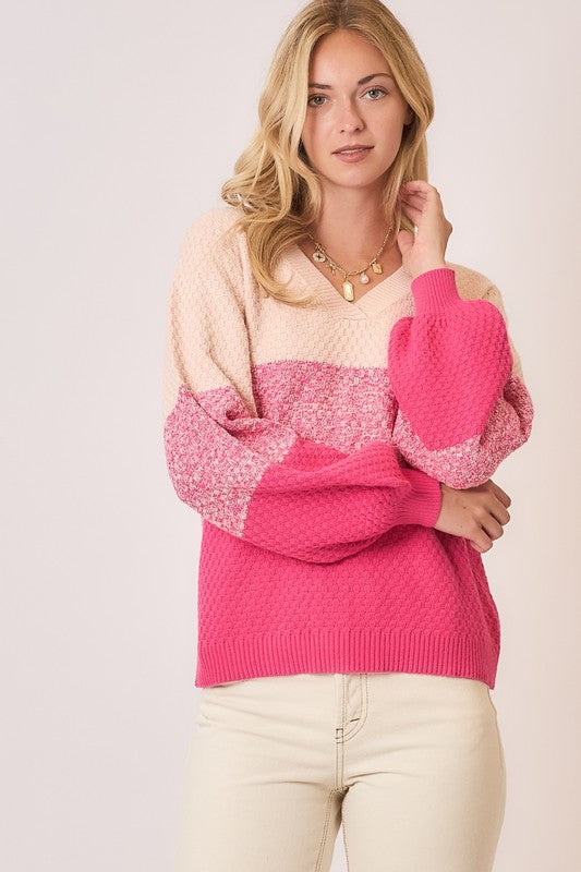 Waffle Colorblock Sweater - Pink