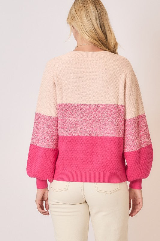 Waffle Colorblock Sweater - Pink