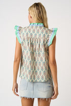 Contrast Stripe Floral Ruffle Sleeve Top