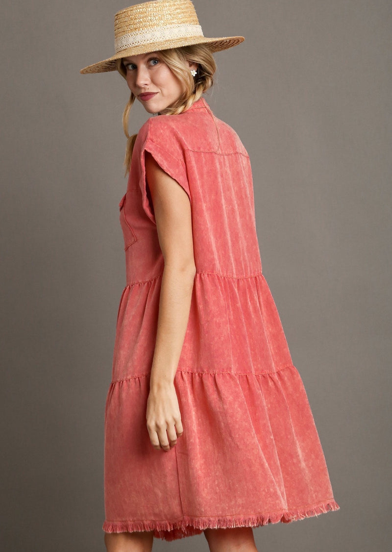 Snow Washed Button Up Dress - Coral