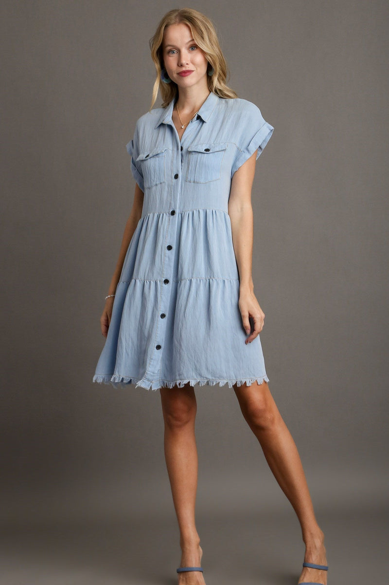 Snow Washed Button Up Dress - Light Denim