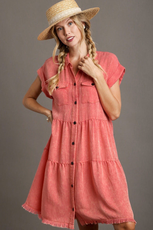 Snow Washed Button Up Dress - Coral