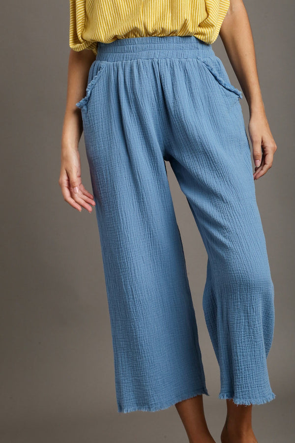 Cotton Gauze Wide Leg Pants - Dusty Blue
