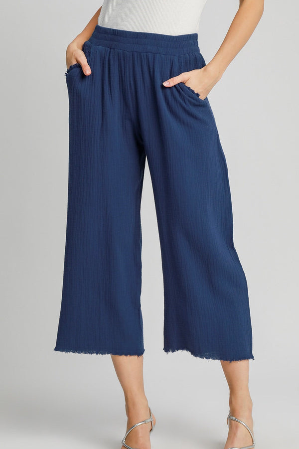 Cotton Gauze Wide Leg Pants - Navy