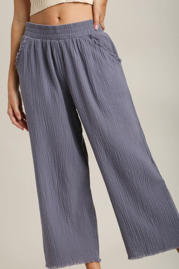 Cotton Gauze Wide Leg Pants - Blue Ash