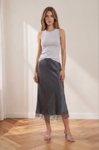 Lace Hem Satin Midi Skirt