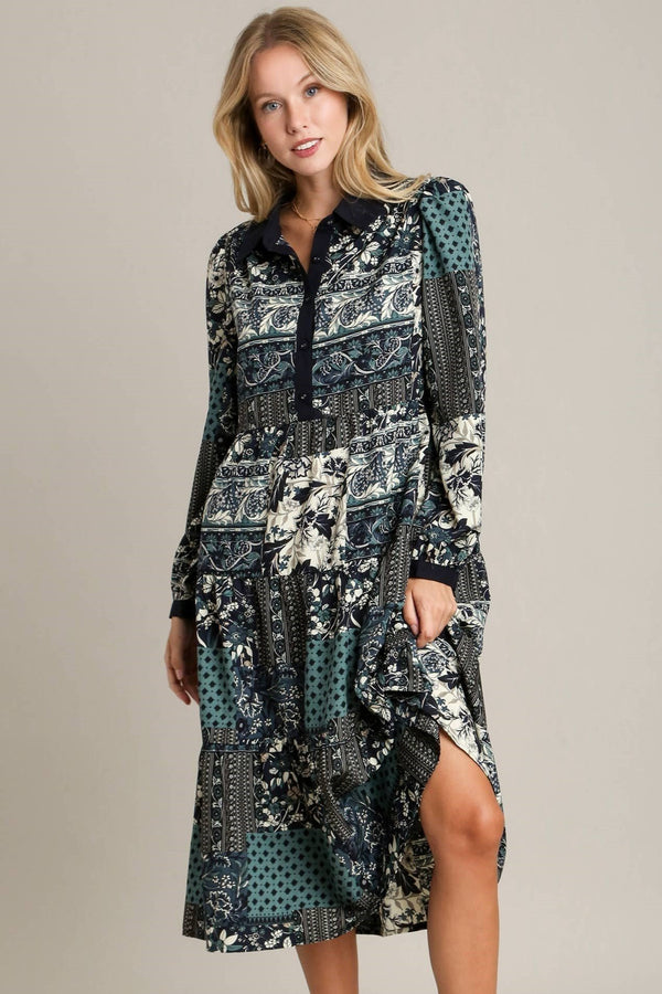 Scarf Print Tiered Midi Dress