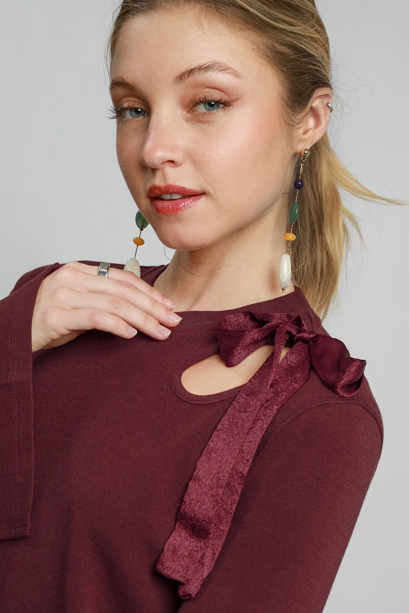 Ribbon Cut Out Detail Top - Merlot