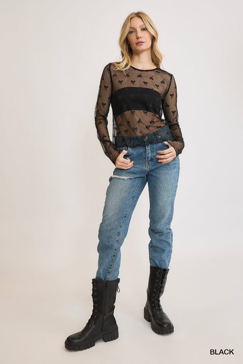 Ribbon Pattern Lace Top - Black