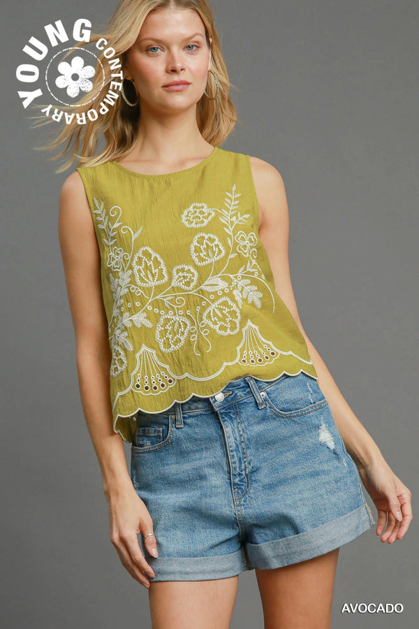 Embroidered Crop Tank Top -Avocado