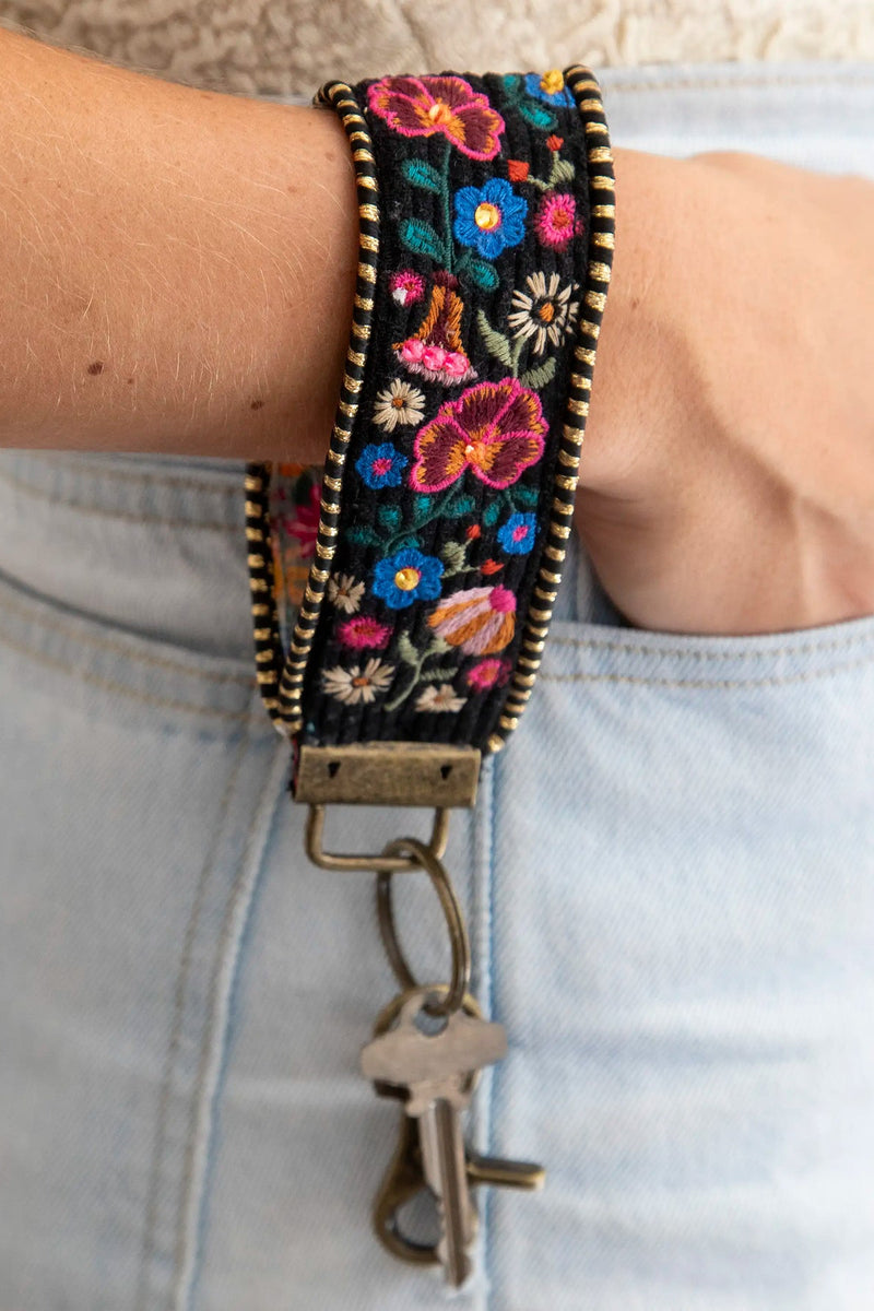 Embroidered Key Fob-Black Folk Flower