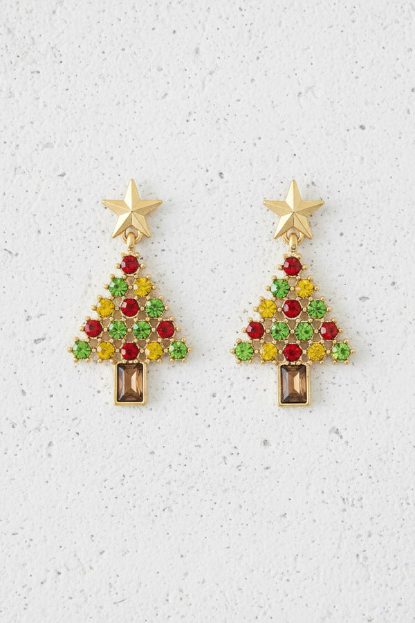 Multi Color Crystal Tree Earrings - Red Multi