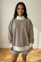 Striped Mock Neck Sweatshirt - Ivory/Brown